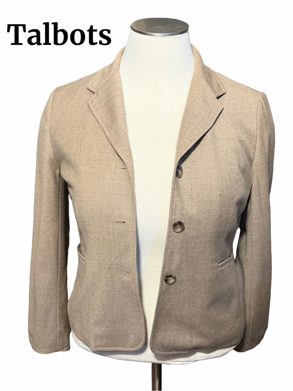 TALBOTS Petites Women's Wool Tan Blazer Jacket, Fully Lined, Size 14P